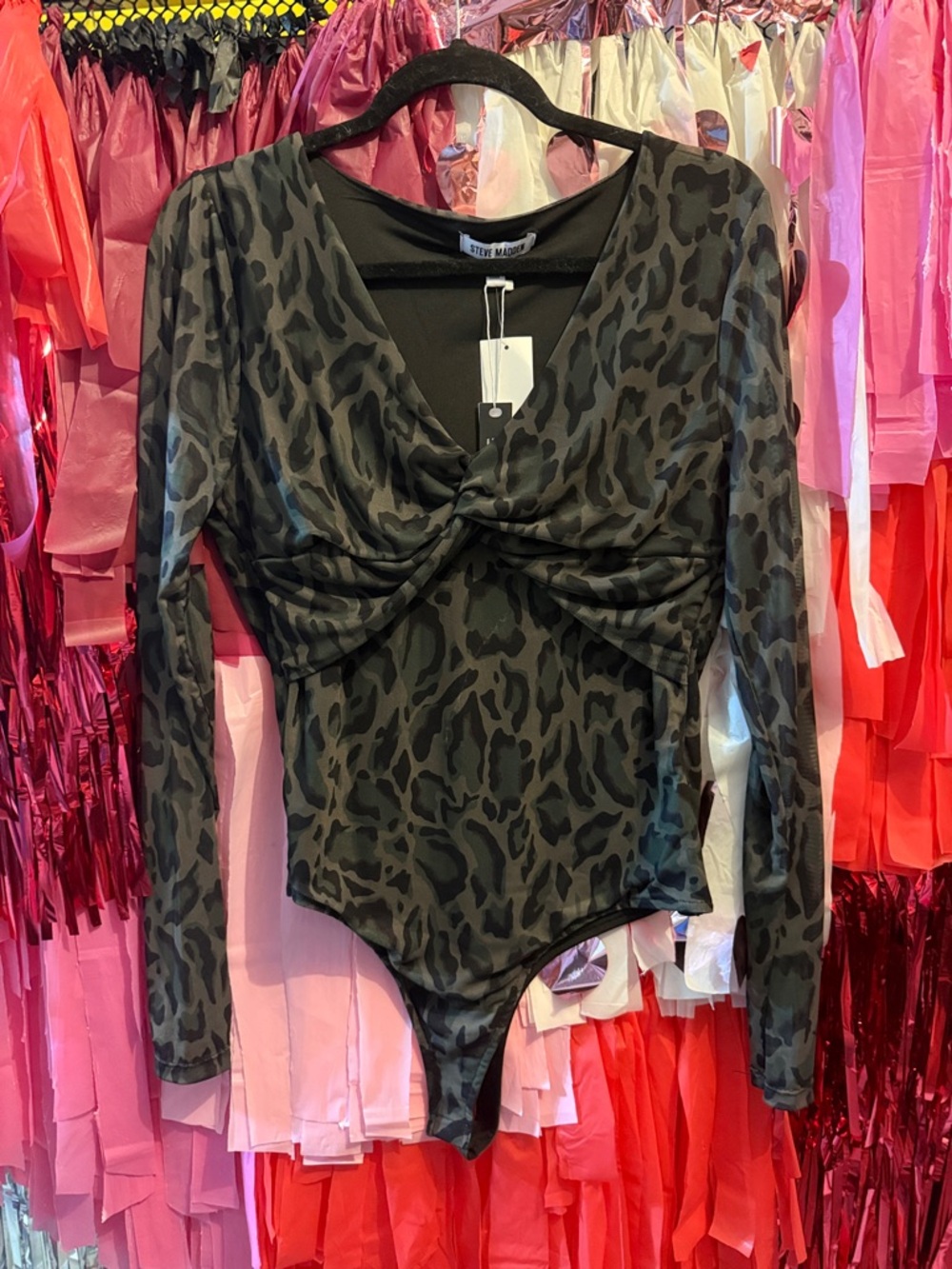NWT Steve Madden Black Olive Leopard Twist-Front Bodysuit